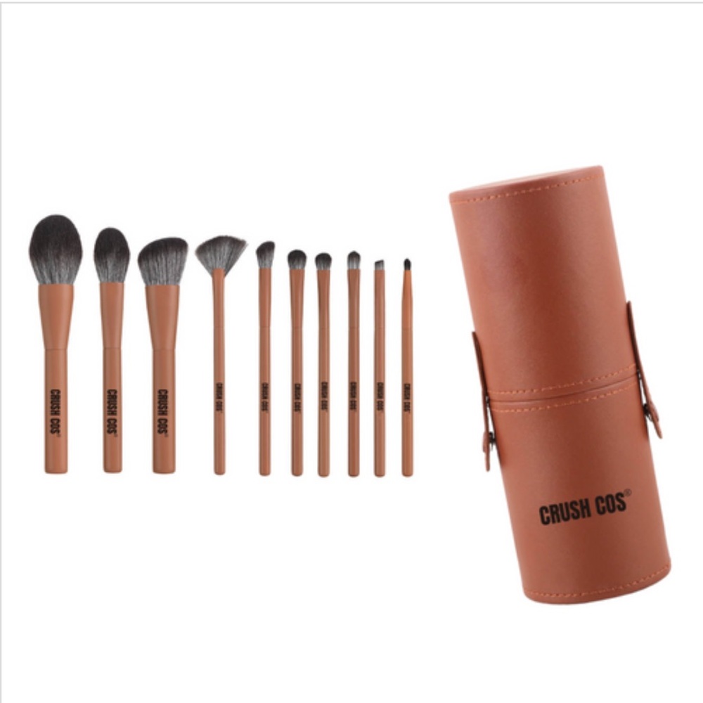 Crush Cos 10-Piece Makeup Brush Set with Travel Case Brown NWT